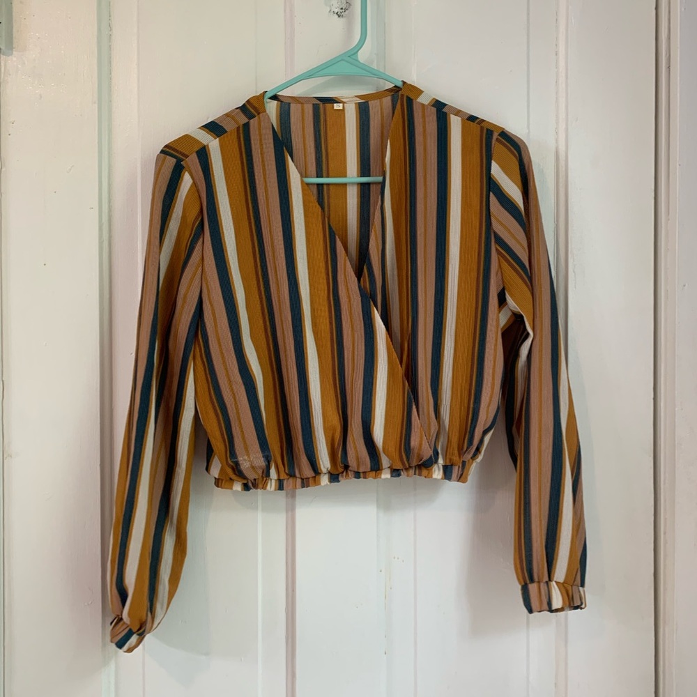 Chic Striped Wrap Blouse in Mustard and Blue